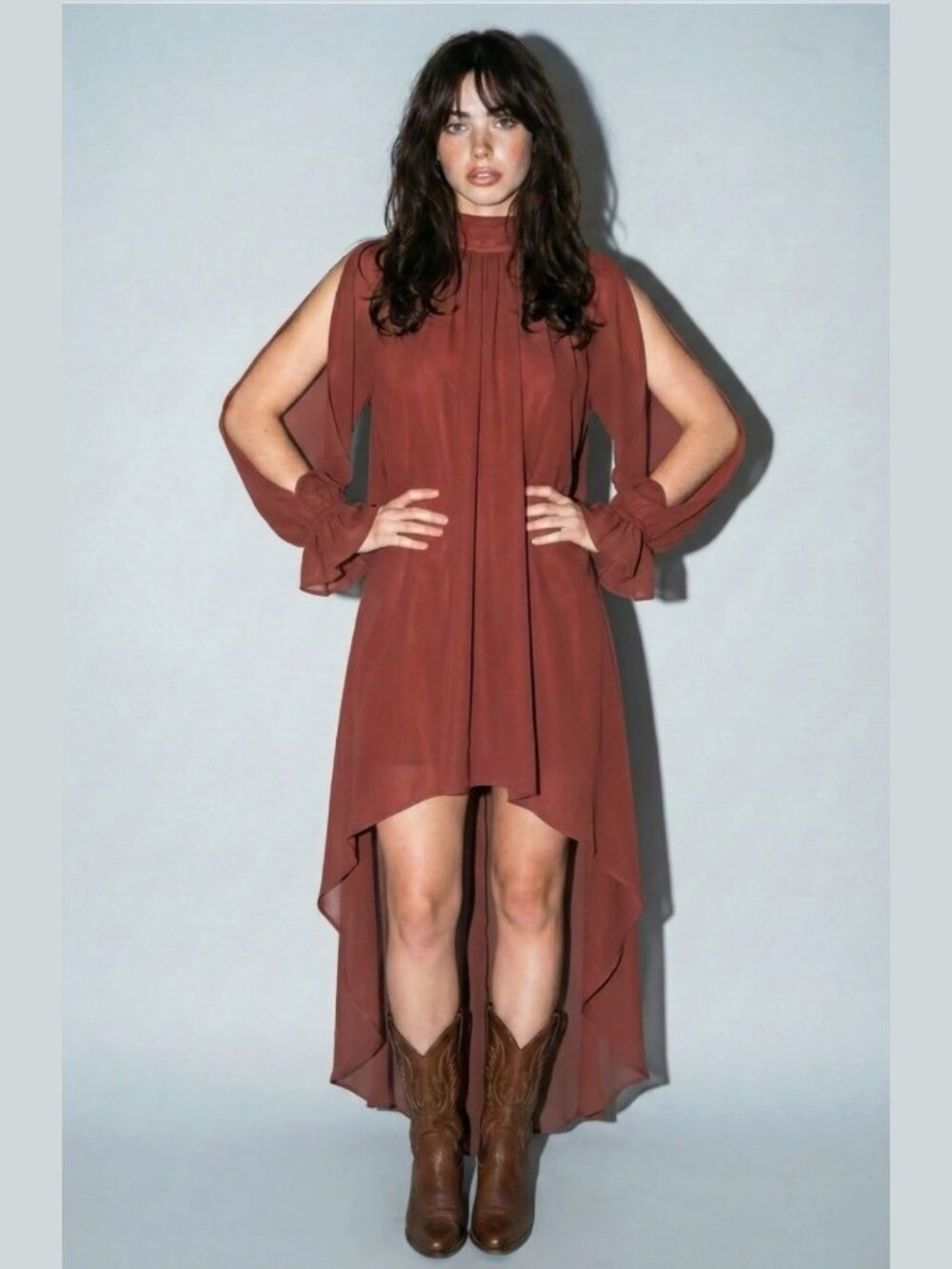 Skylar Rose High Low Halter Maxi Dress Tie Neck Color Terracotta Chiffon SZ S M